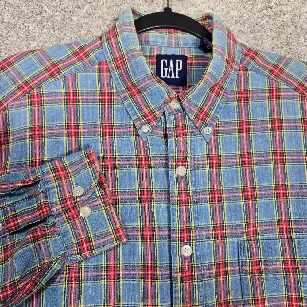 Vintage 90s Gap Button Up Shirt Blue red yellow Plaid Long Sleeve mens Large